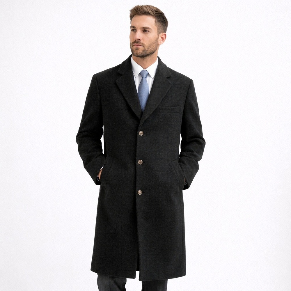 Lauren Ralph Lauren Mens 44R Black Wool Blend‎ Overcoat Y2K Classic Minimalist